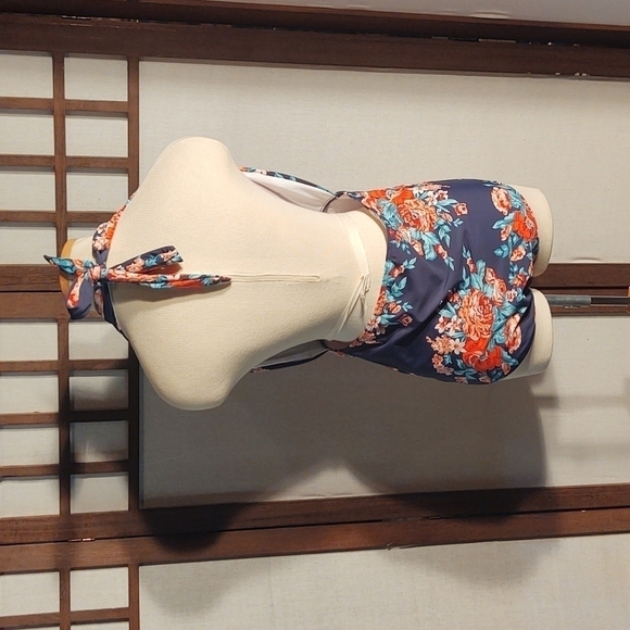 Cocoship Navy and Pink Floral Halter Neck Deep V-Neck One Piece Swimsuit Sz 3XL - Picture 4 of 8